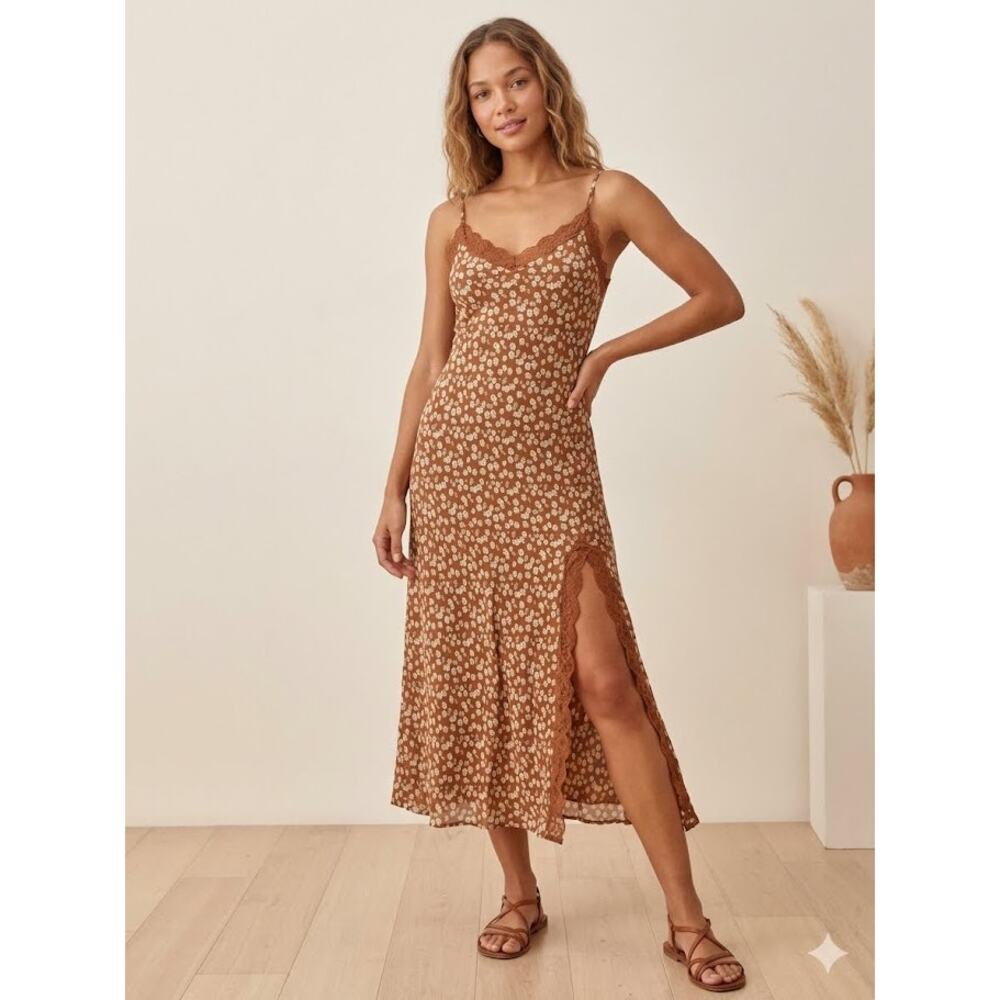 Blu Pepper Brown Ditsy Floral Lace Trim Slip Dress Y2K Style Womens Midi Dress